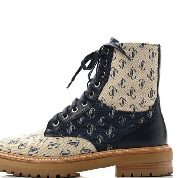 Jimmy Choo Jacquard Monogram Calfskin Cora Flat Combat Women Boots Sand Dune 39 - Picture 5 of 9